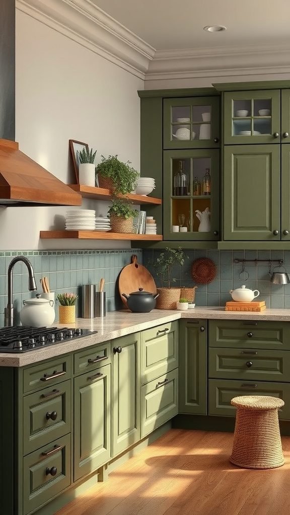 A cozy olive green kitchen with wooden shelves, natural light, and plants, showcasing a warm and inviting atmosphere.