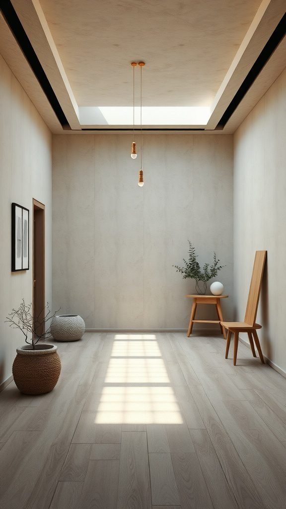 A minimalist room with natural light, wooden furniture, and simple decor elements.
