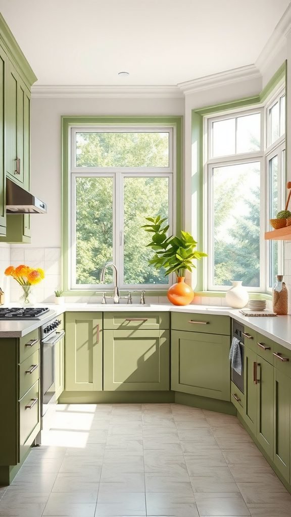 A bright kitchen featuring olive green cabinets and large windows that enhance natural light.