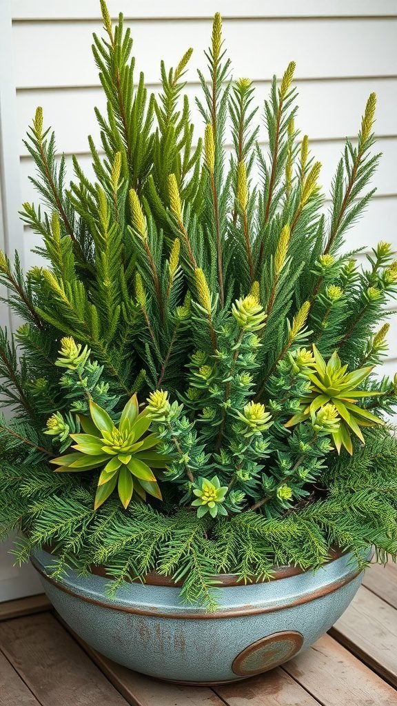 A planter filled with various evergreen plants, featuring tall spiky evergreens and round succulent-like plants.