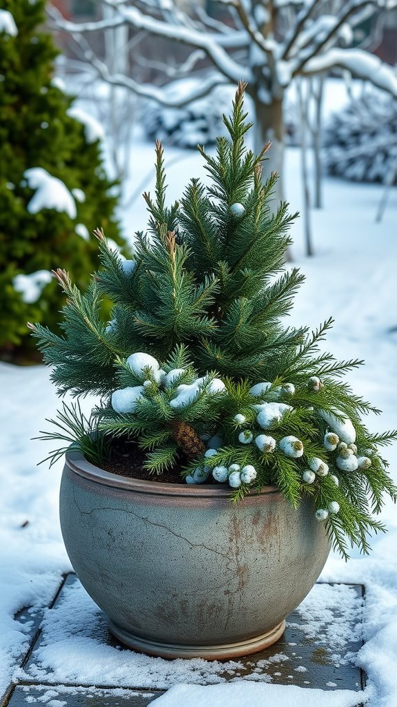A small evergreen tree in a pot, lightly covered with snow, set against a wintery background.