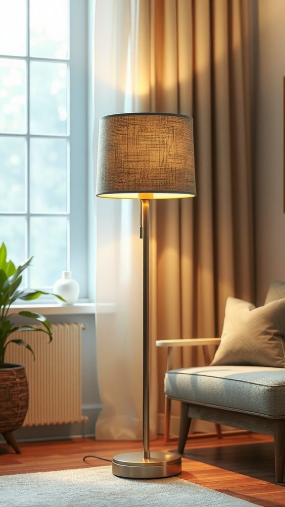 A fabric shade floor lamp stands next to a cozy chair, providing soft lighting in a well-decorated living room.