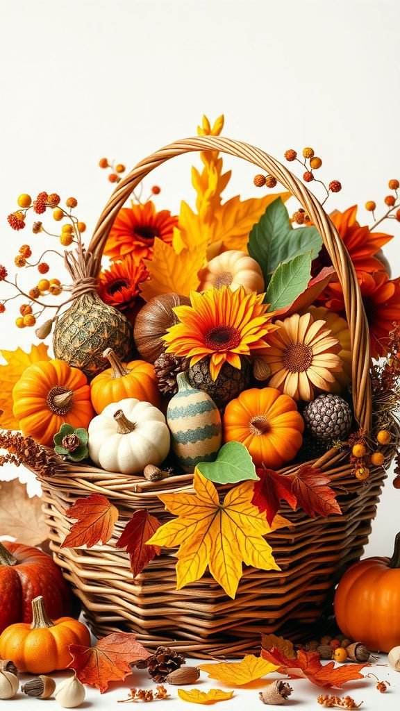 A decorative basket filled with pumpkins, sunflowers, and autumn leaves.