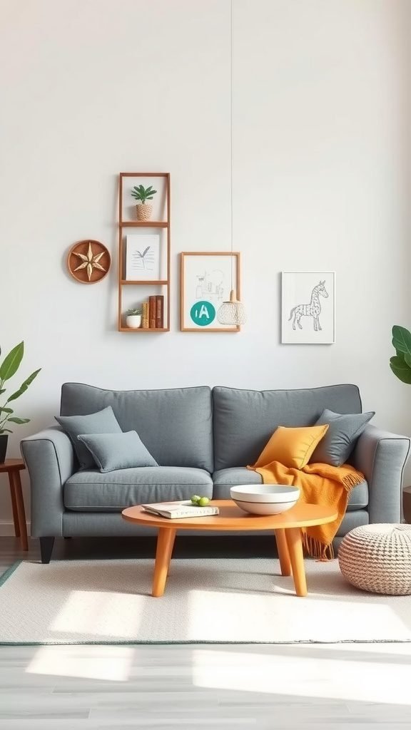 A cozy living room featuring a grey couch with colorful pillows, an orange throw, and a round coffee table.