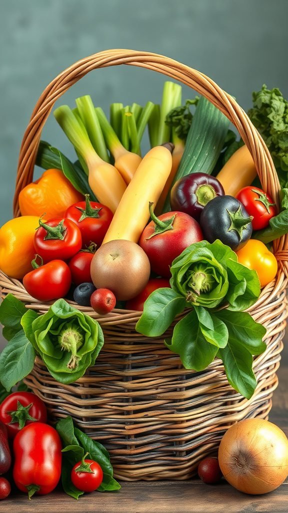 A wicker basket filled with a variety of fresh vegetables including tomatoes, lettuce, peppers, and more.
