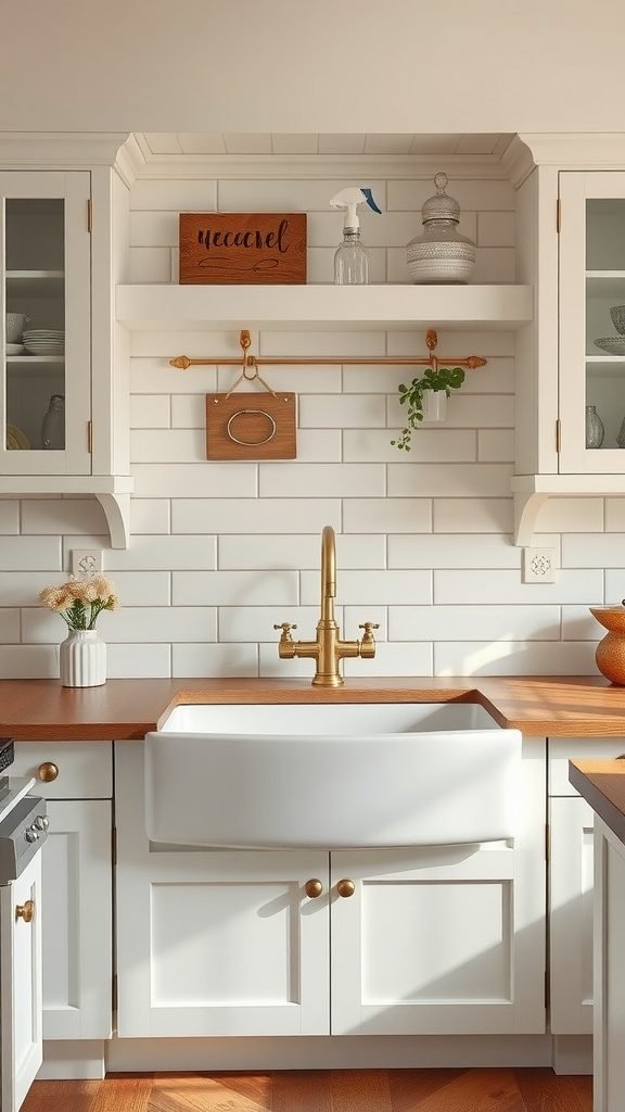 A bright farmhouse kitchen featuring a white apron sink, brass faucet, wooden countertop, and open shelving with decorative items.