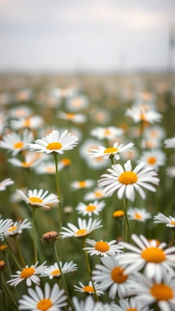 A vibrant field of daisies with white petals and yellow centers swaying in the breeze