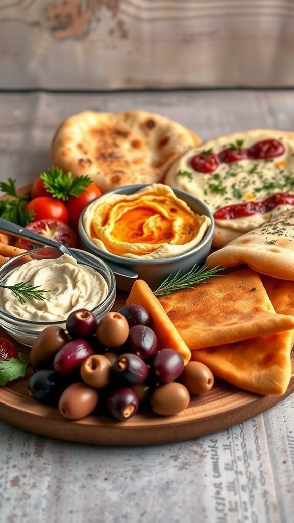 A colorful spread of Mediterranean dishes including bread, olives, dips, and tomatoes on a wooden platter.