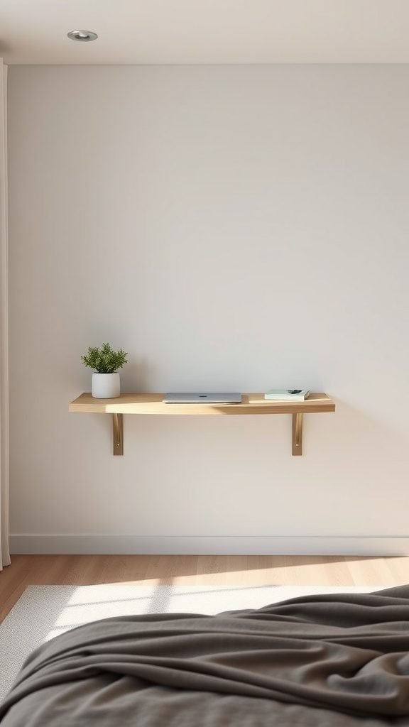 A minimalist floating desk with a laptop and a small plant against a light wall. Bedroom Ideas with Desks