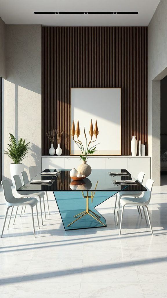 A modern floating glass dining table with a dark top and gold angular base, surrounded by white chairs in a bright room.