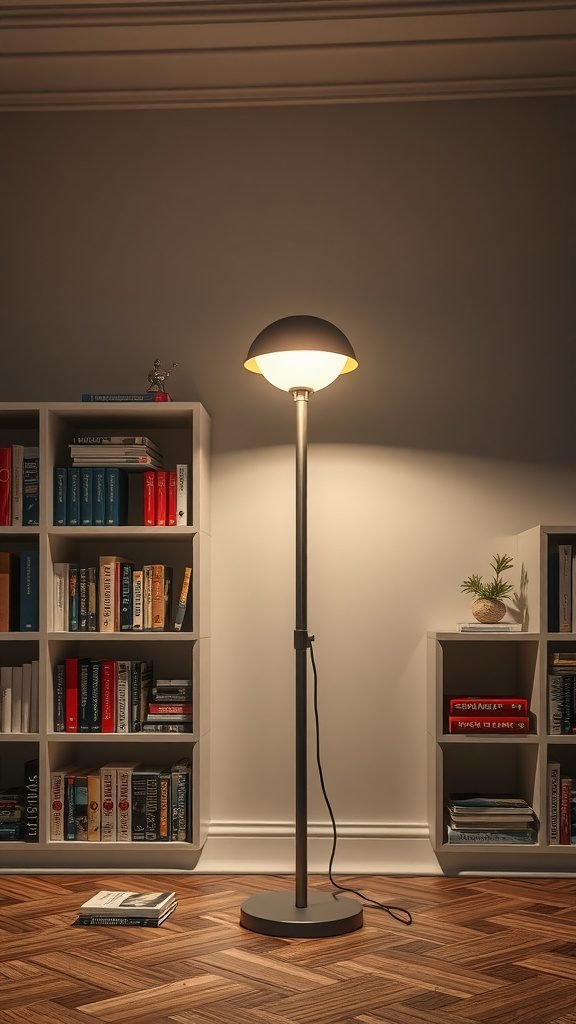 A modern floor lamp with a warm light next to a bookcase filled with books.