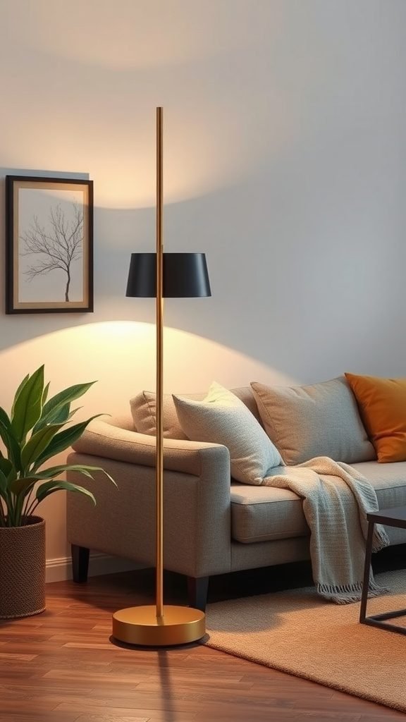 A stylish floor lamp next to a cozy sofa in a well-lit living room.