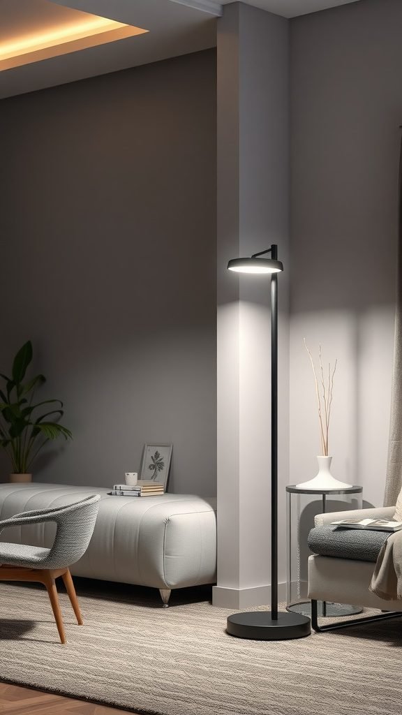 A modern floor lamp in a stylish living room setting, demonstrating smart home integration.