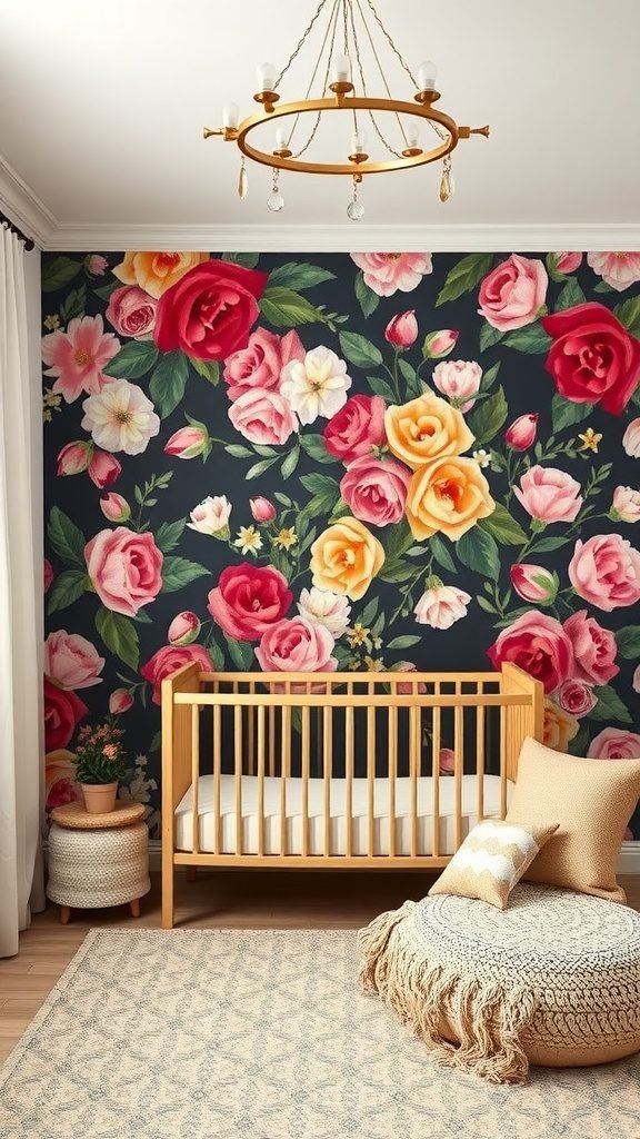 A boho styled baby room with a floral accent wall featuring colorful roses and a wooden crib.