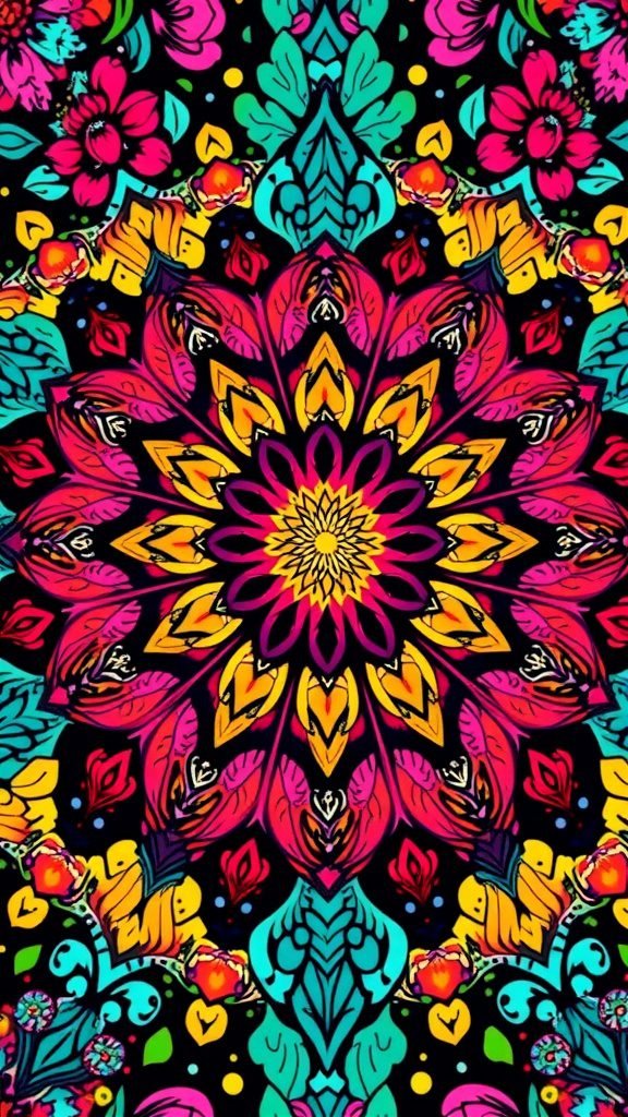 Colorful floral mandala design with vibrant flowers on a black background
