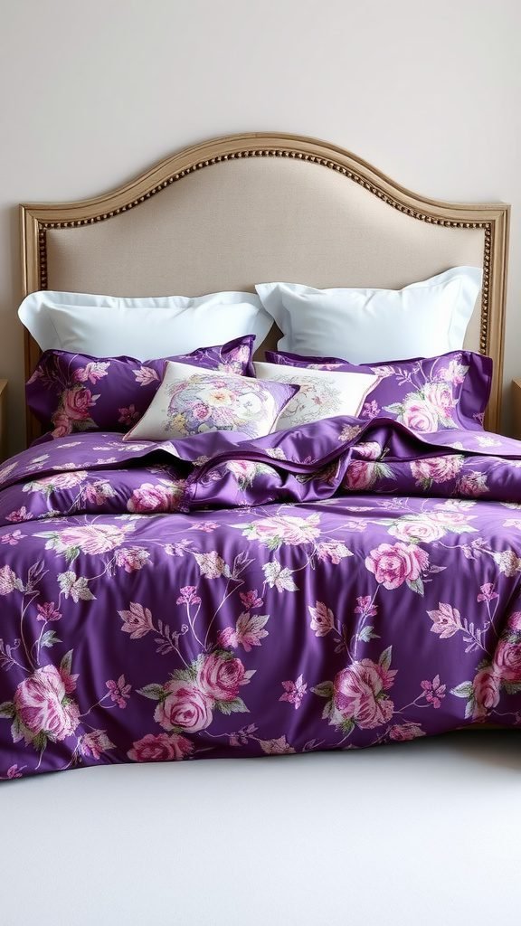 A beautifully arranged bed with floral purple bedding, complemented by white pillows, showcasing an elegant and inviting bedroom setup.