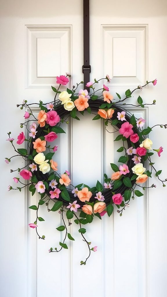 A colorful Flowering Vine and Trellis Wreath adorned with pink, yellow, and orange flowers, hanging on a white door.