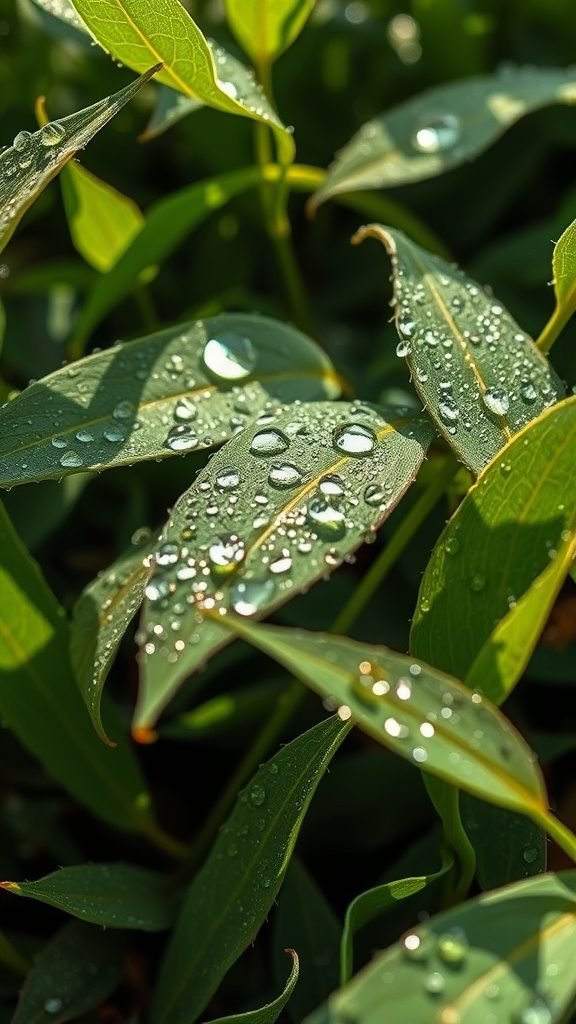 Close-up of green leaves with droplets of water on them