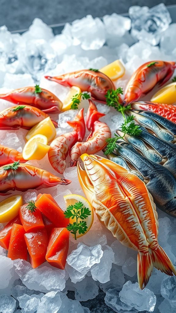 An array of fresh seafood including shrimp, fish, and lemon on ice.