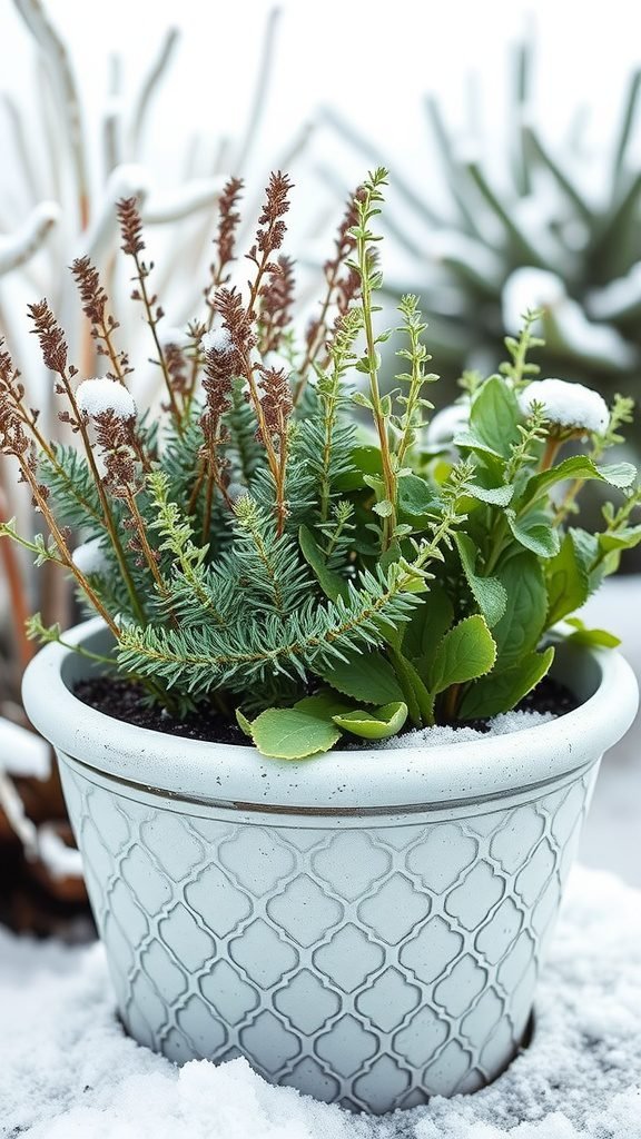 A winter planter filled with various frost-tolerant herbs, surrounded by snow.