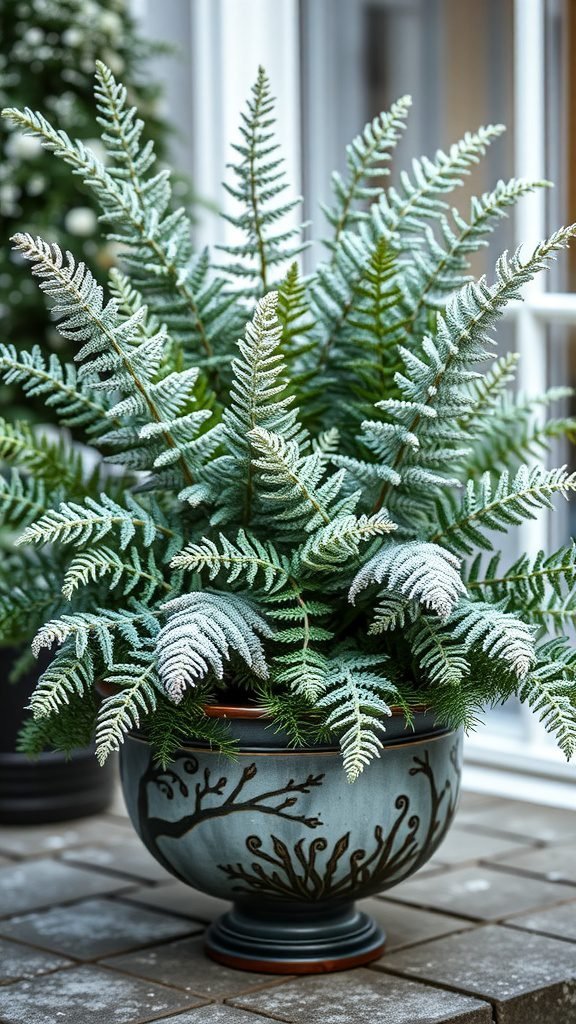 A frosted fern arrangement in a decorative pot, showcasing lush green leaves with a frosty appearance.