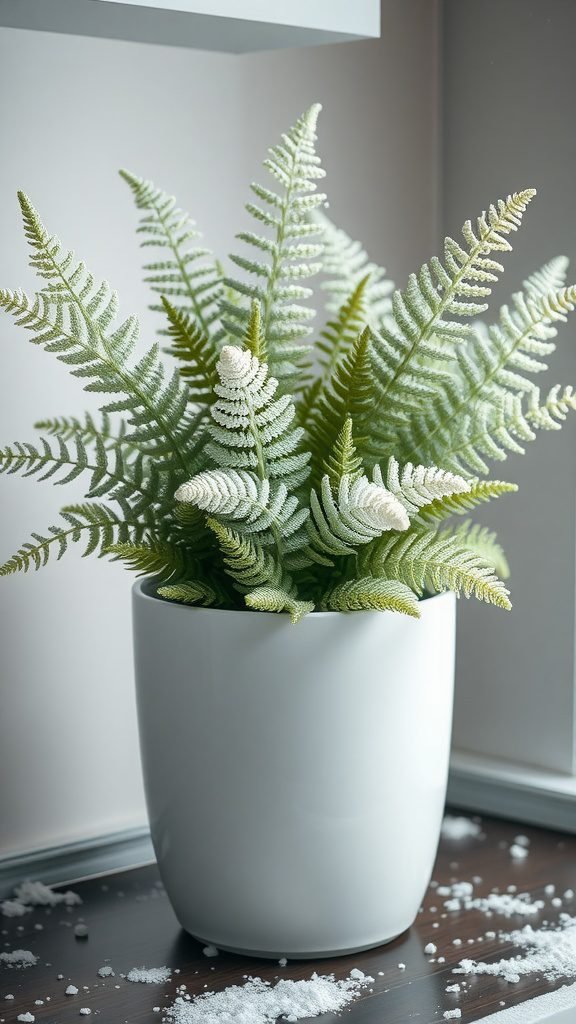A frosted fern display in a white planter, placed on a windowsill with some faux snow scattered around.