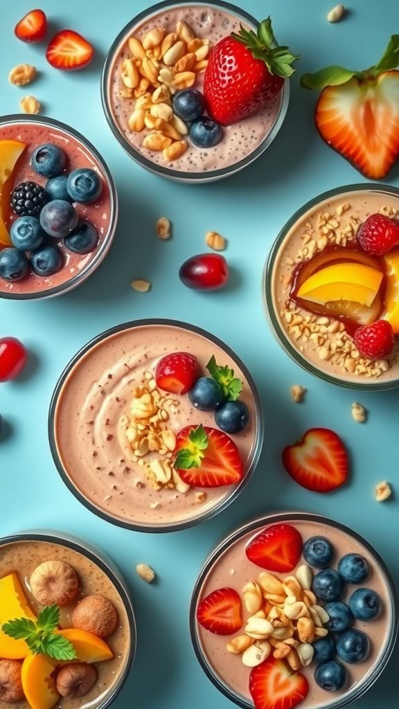 A colorful display of fruity smoothie bowls topped with fresh fruits and nuts.