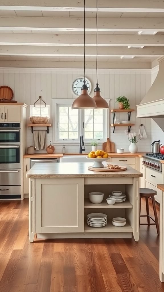 A cozy farmhouse kitchen featuring a functional island with a light wood top and muted cabinetry.
