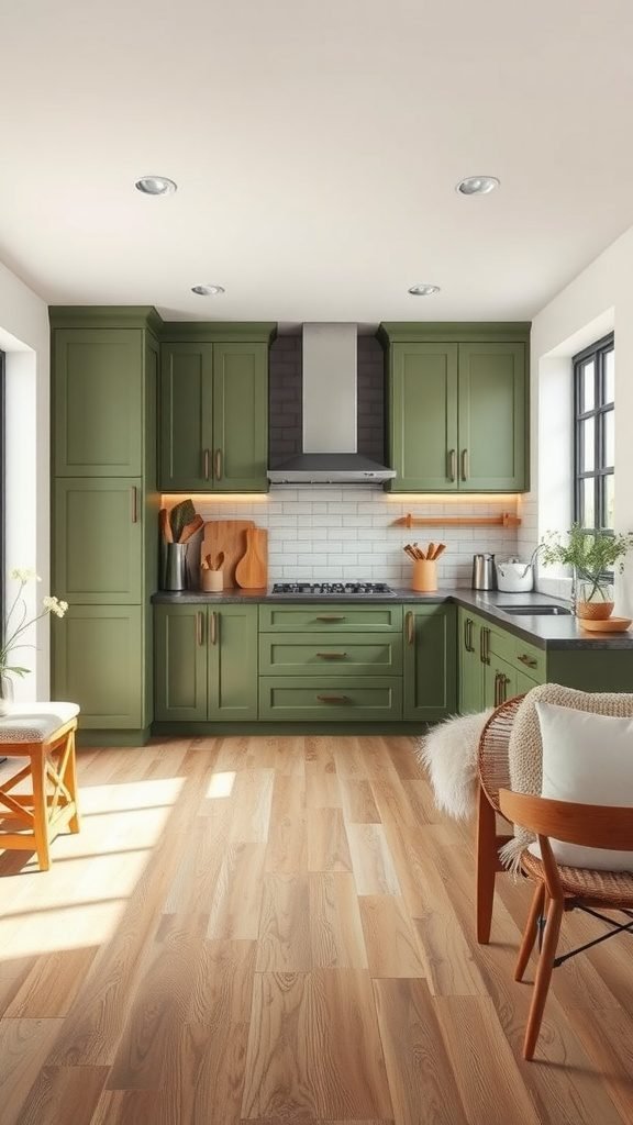 A modern kitchen with olive green cabinets, wooden flooring, and natural light.