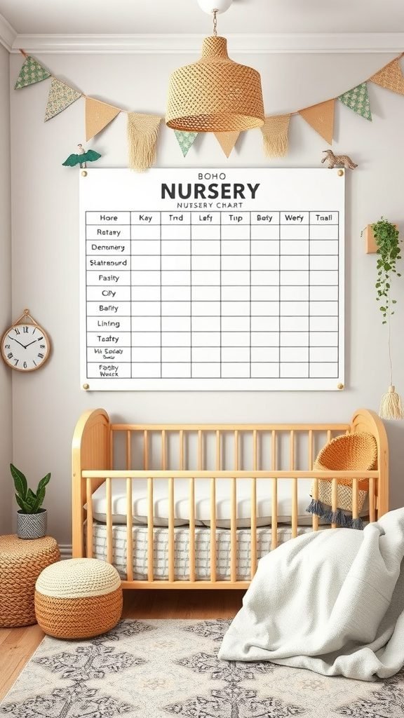 A boho nursery room featuring a functional nursery chart on the wall, a wooden crib, and cozy decor items.
