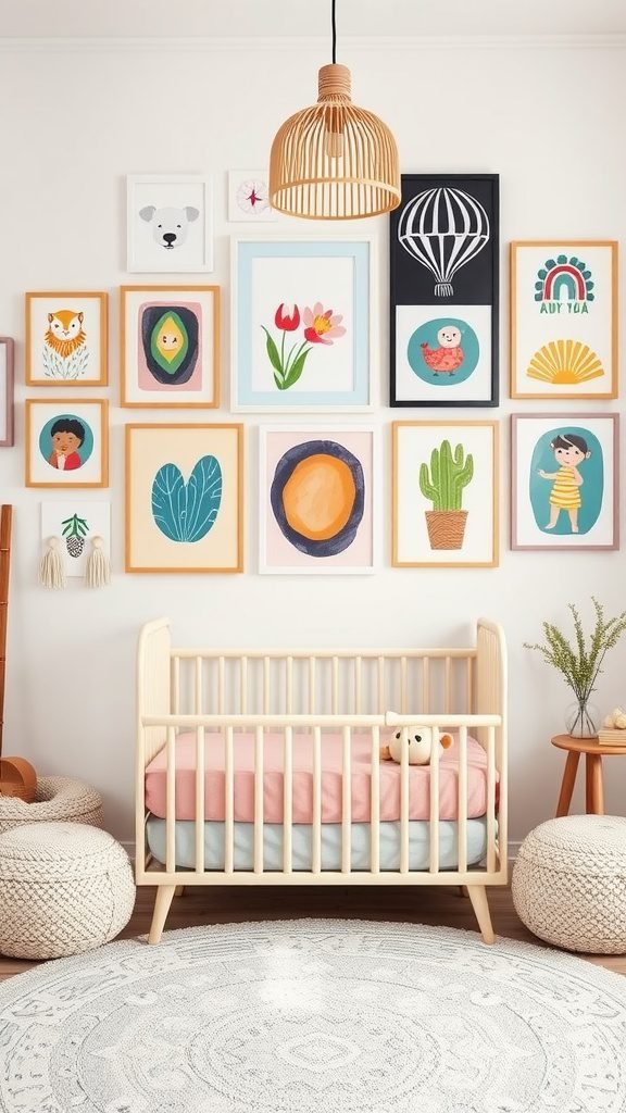 Colorful gallery wall art in a boho baby room with a crib and cozy decor.