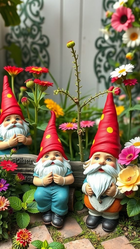 Three colorful garden gnomes surrounded by flowers in a bright spring garden.