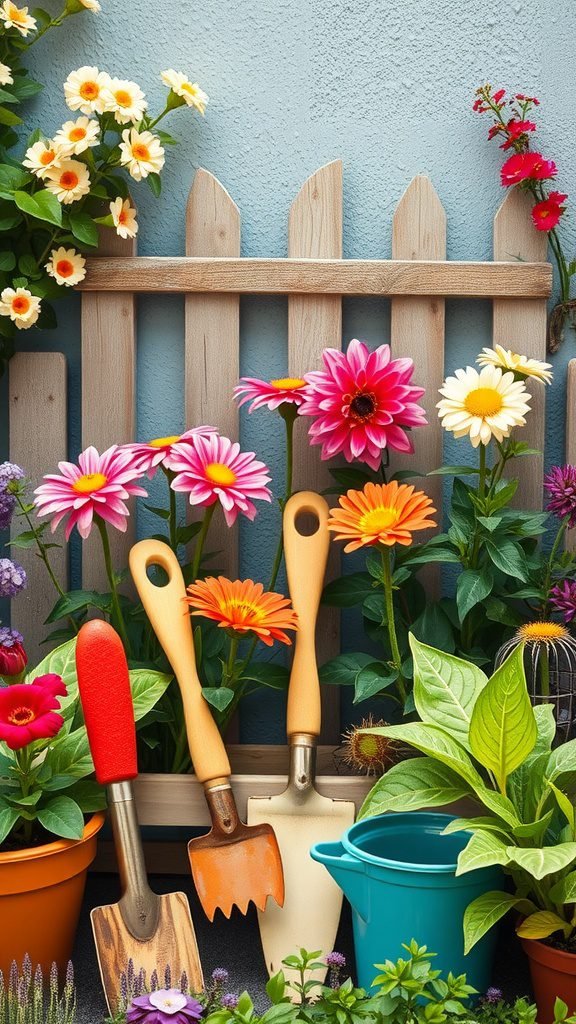 A vibrant garden scene featuring various colorful flowers in pots, wooden gardening tools, and a blue watering can against a wooden fence.
