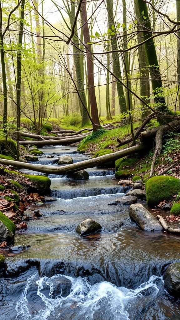 A gentle stream flowing through a lush forest with trees and moss-covered rocks.