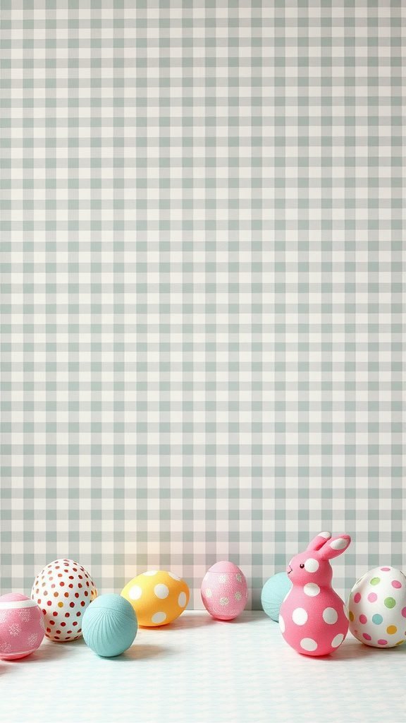 Easter wallpaper featuring gingham pattern with colorful polka dot eggs and a pink bunny