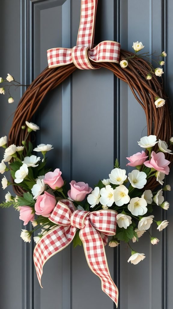 A spring wreath with pink roses and white flowers, adorned with a red and white gingham ribbon on a front door.
