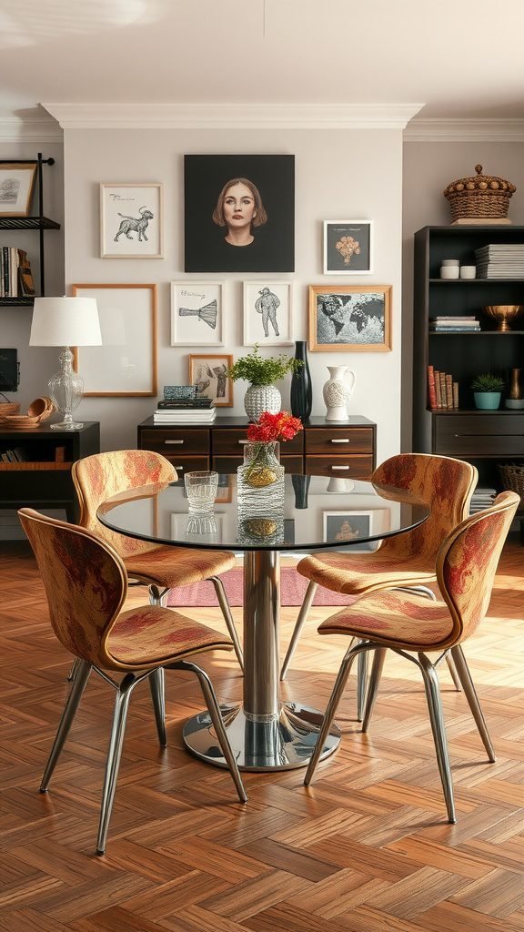 A round glass dining table with artistic patterned chairs, surrounded by wall art.