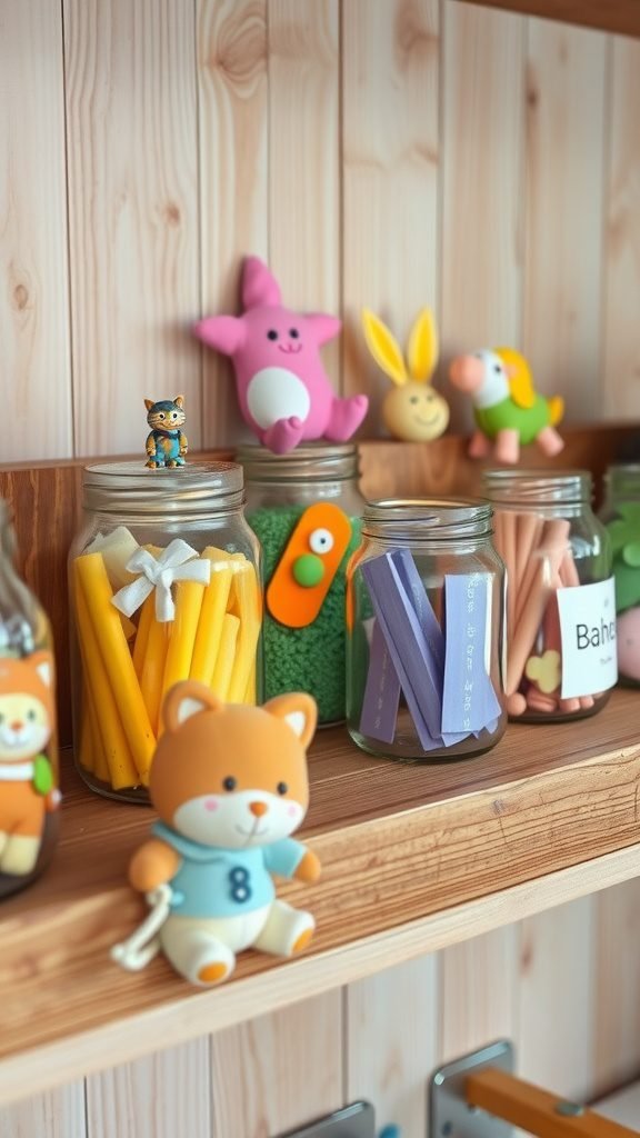 Colorful storage jars filled with art supplies on a wooden shelf in a baby room