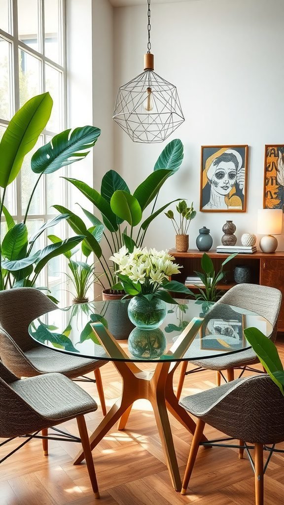 A stylish dining room featuring a round glass table with a wooden base, surrounded by green plants and modern chairs.