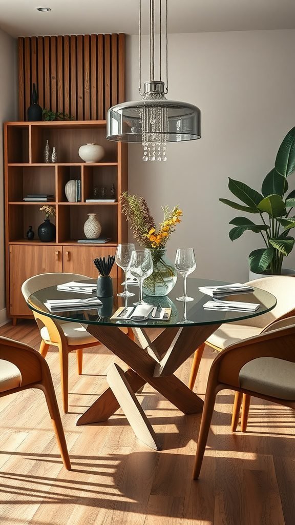 A stylish dining room featuring a glass table with a wooden base, surrounded by elegant chairs and decor.