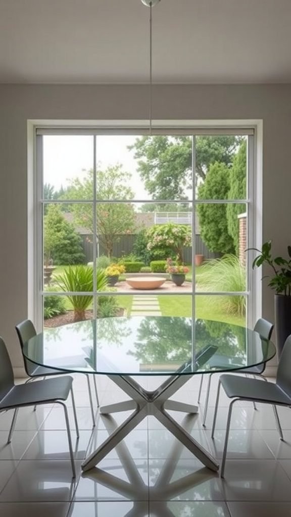 A modern glass dining table with sleek chairs, set against a large window showcasing a beautiful garden.