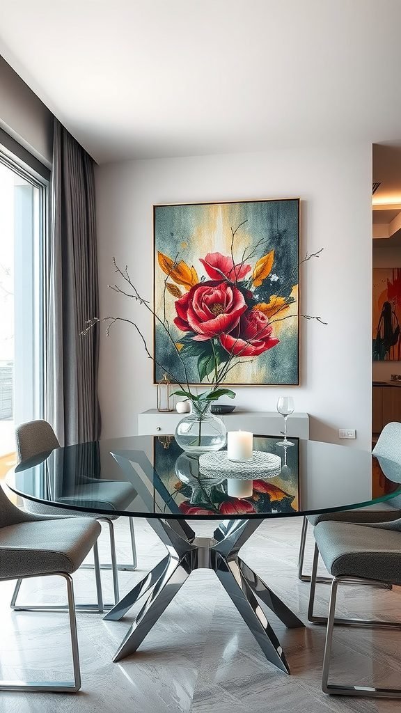 A stylish dining room featuring a round glass table, modern chairs, and a contemporary rose artwork centerpiece.