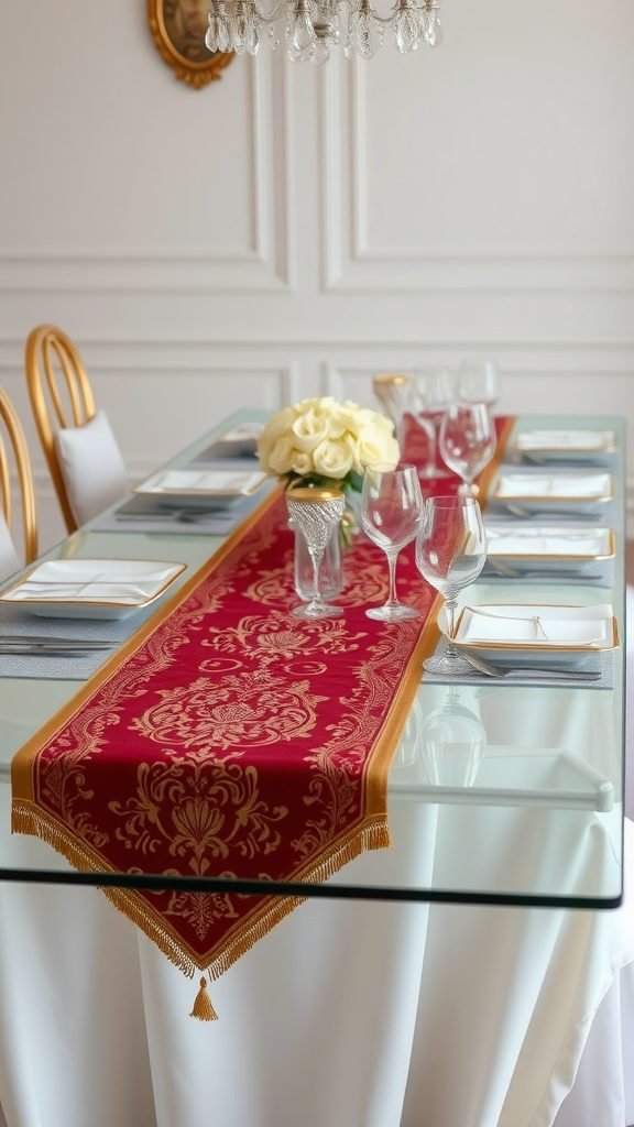 A glass dining table with a luxurious red and gold table runner, elegant glassware, and a flower centerpiece.
