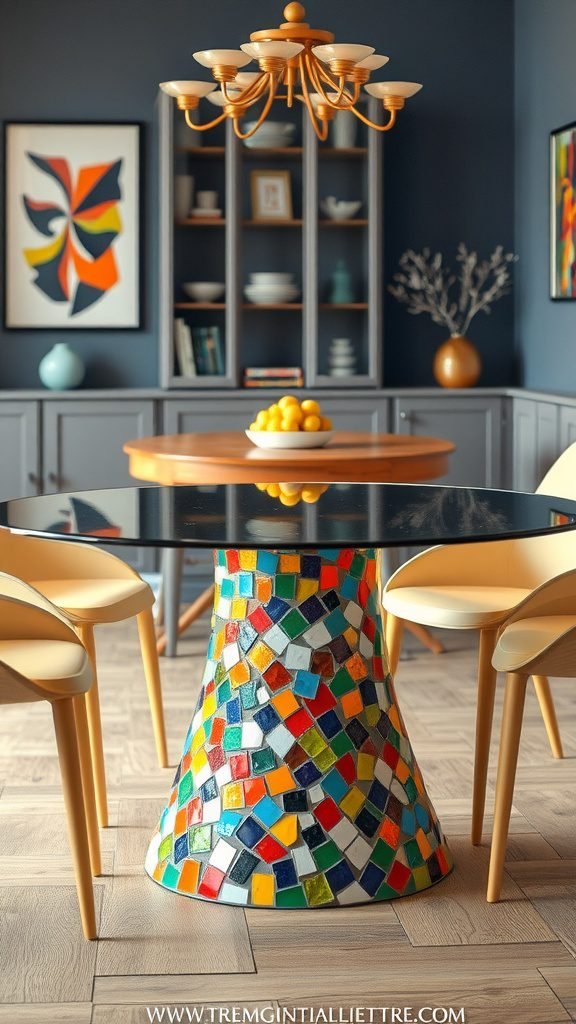 A dining room featuring a glass table with a colorful mosaic base surrounded by stylish chairs.