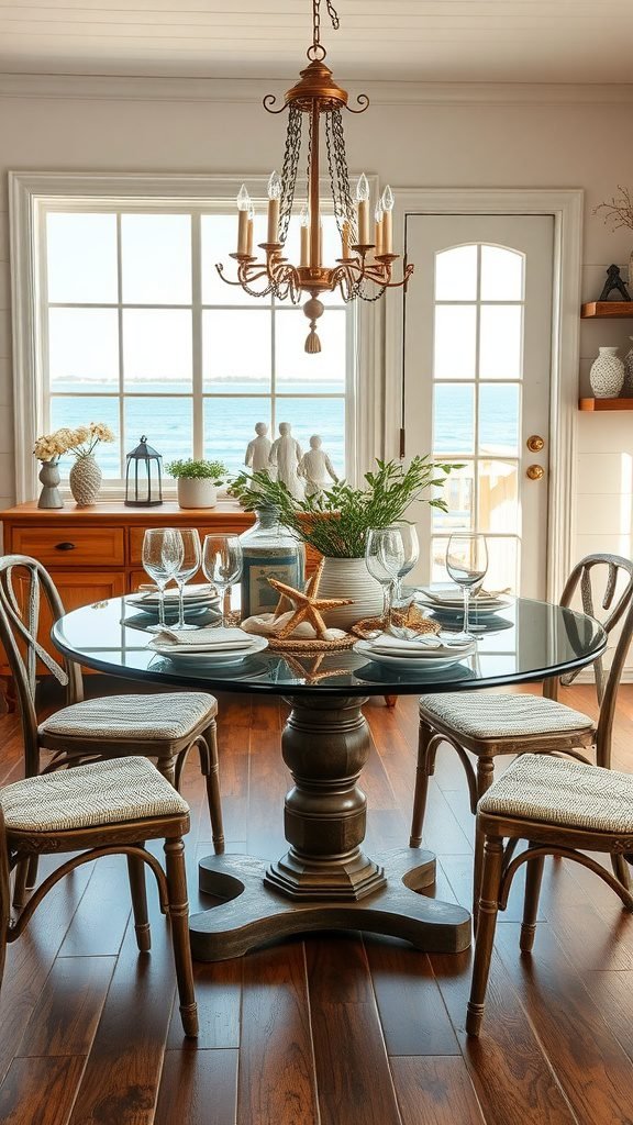 A nautical-themed dining room featuring a round glass table with a wooden base, surrounded by chairs, set for a meal with a view of the water.