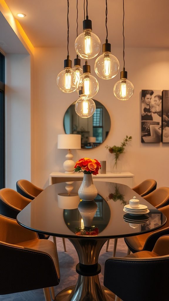 A modern dining room featuring a glass table and artistic hanging light fixtures.