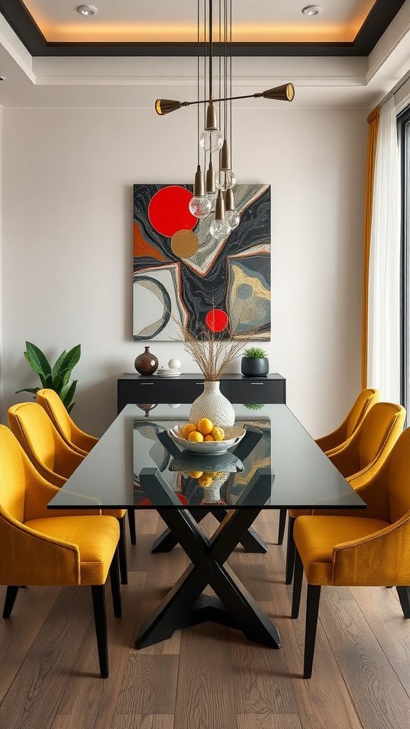 A modern dining room featuring a glass table with a black base, surrounded by yellow chairs. There is colorful abstract art on the wall and a stylish lighting fixture above.