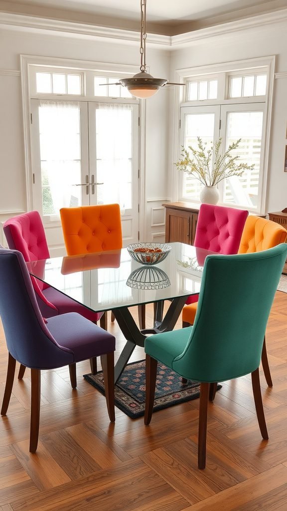 A modern dining room featuring a glass table surrounded by colorful upholstered chairs in pink, orange, purple, and teal.