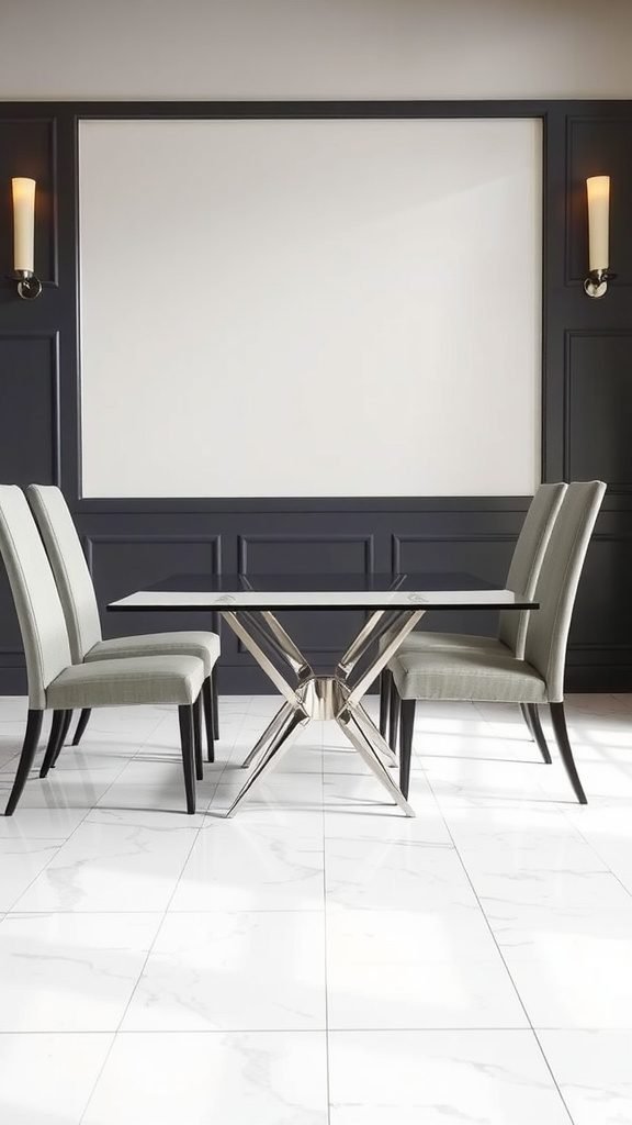 A modern glass table with high-back chairs in a stylish dining room setting.