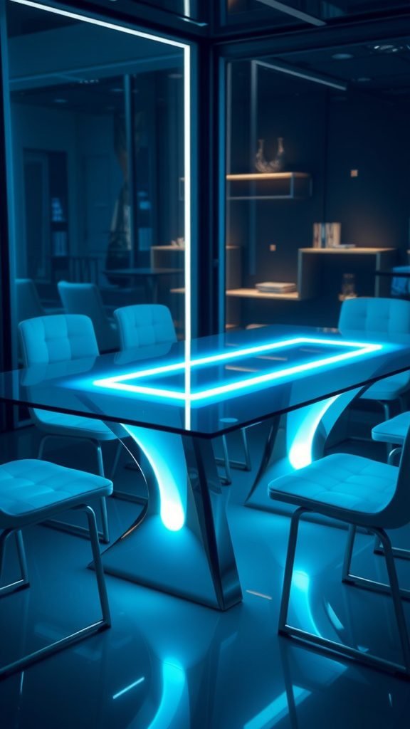 A modern glass dining table with integrated blue lighting, surrounded by stylish chairs.